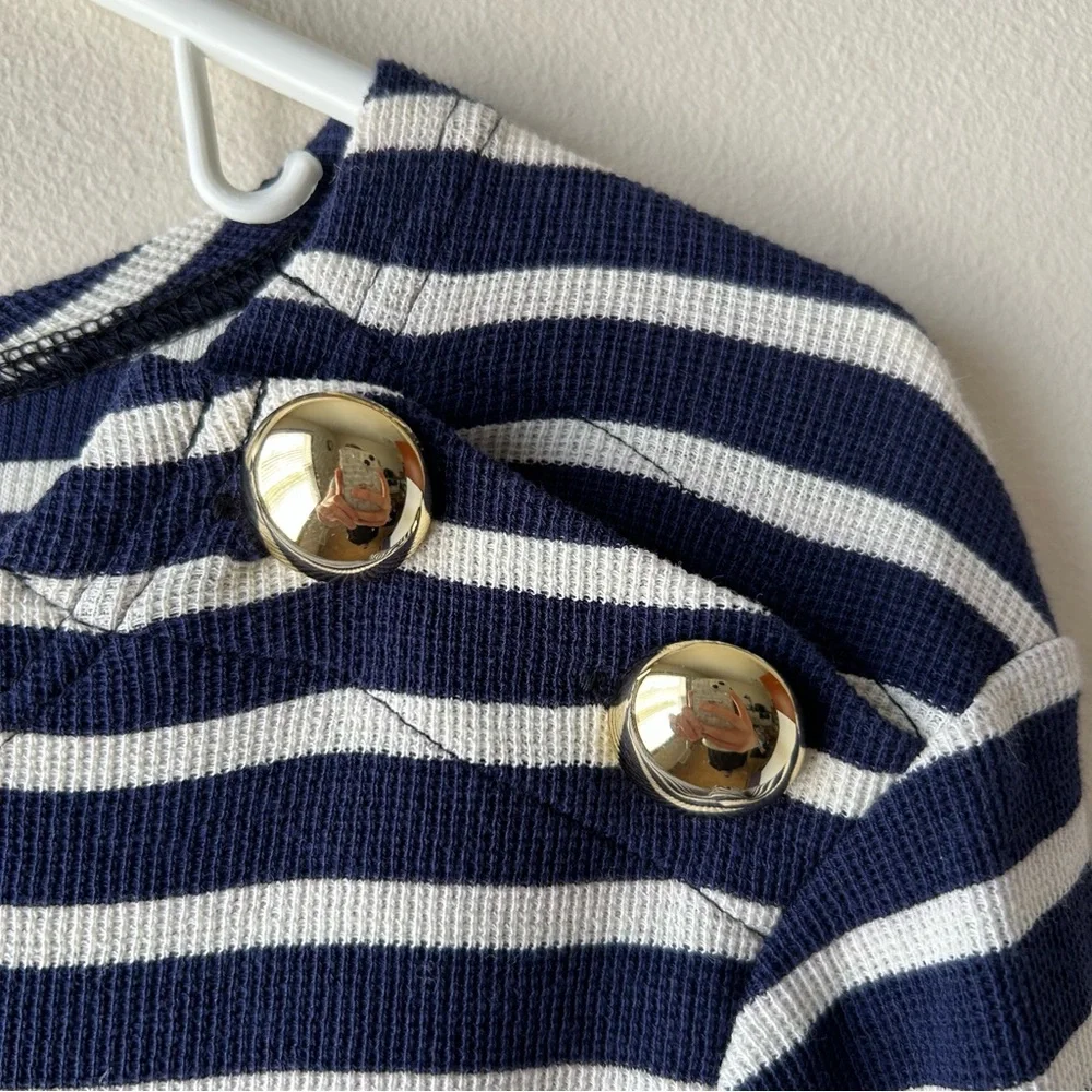Sail to Sable 100% Cotton Stripe Long Sleeve Button Neck Dress Navy Ivory Gold M